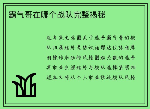 霸气哥在哪个战队完整揭秘