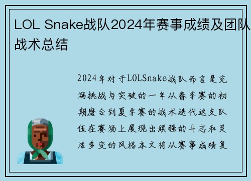 LOL Snake战队2024年赛事成绩及团队战术总结
